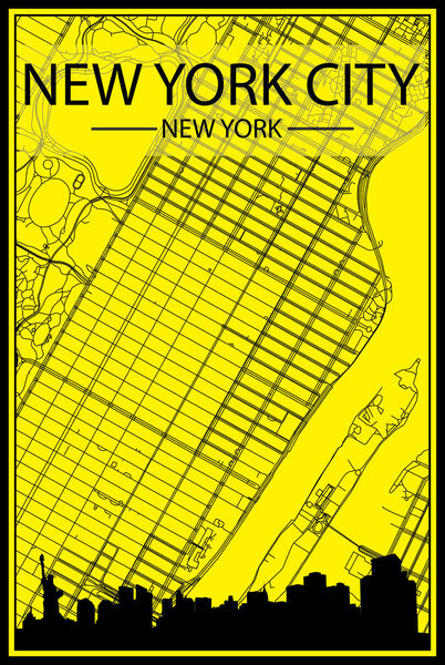 Golden printout city poster with panoramic skyline and hand-drawn streets network on yellow and black background of the downtown NEW YORK CITY, NEW YORK