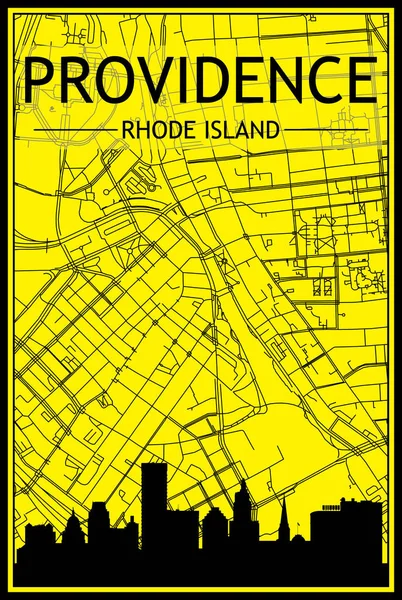 ダウンタウンプロビデンスの黄色と黒の背景にパノラマのスカイラインと手描きの通りネットワークを持つ黄金の印刷都市のポスター Rhode Island — ストックベクタ