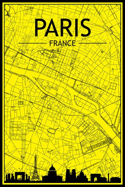 在法国巴黎市中心的黄黑相间的背景上 印有全景天际线和手绘街道网络的金色城市海报 — 图库矢量图片