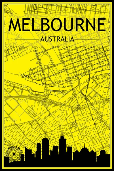 ダウンタウンの黄色と黒の背景にパノラマのスカイラインと手描きの通りのネットワークを持つ黄金の印刷都市のポスター メルボルン オーストラリア — ストックベクタ