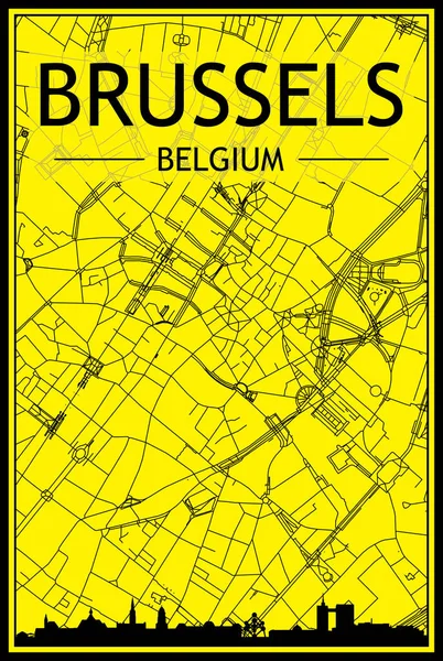 황금으로 포스터에는 파노라마 모양의 스카이라인 벨기에 Brussels 노란색 배경의 네트워크가 — 스톡 벡터