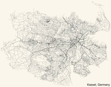 Alman bölgesel başkenti KASSEL, GERMANY 'nin klasik bej arka plan üzerindeki kentsel sokak haritasının ayrıntılı navigasyon siyah hatları