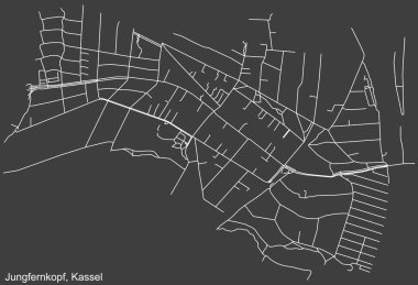Alman bölgesel başkenti Kassel 'in JUNGFERNKOPF DISTRICT' inin şehir caddelerinin haritası, koyu gri arkaplan üzerine ayrıntılı olumsuz seyrüsefer.