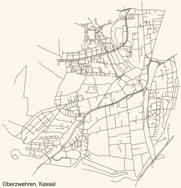 Alman bölgesel başkenti Kassel 'in OBERZWEHREN DISTRICT şehir haritasının ayrıntılı navigasyon kara hatları klasik bej arka planda
