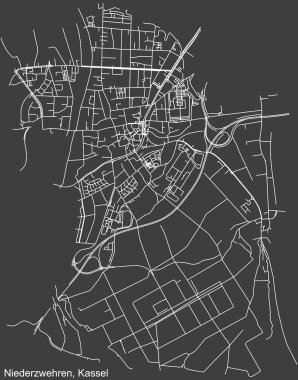 Almanya 'nın Kassel bölgesinin bölgesel başkenti NIEDERZWEHREN DISTRICT' in şehir caddelerinin haritası, koyu gri arka plan üzerine ayrıntılı olumsuz seyrüsefer.