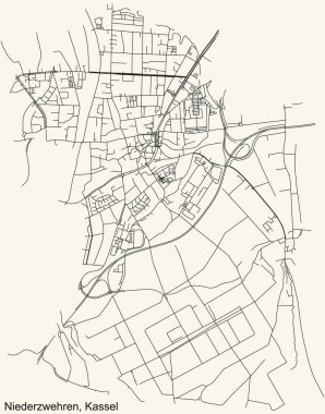 Alman bölgesel başkenti Kassel 'in NIEDERZWEHREN DISTRICT' inin klasik bej arkaplanlı şehir şehir sokak haritasının ayrıntılı navigasyon kara hatları