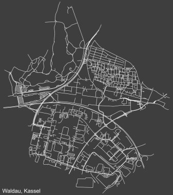 Alman bölgesel başkenti Kassel, Almanya 'nın WALDAU DISTRICT' nin şehir caddeleri haritası üzerinde koyu gri arka plan üzerinde ayrıntılı olumsuz navigasyon beyaz çizgileri