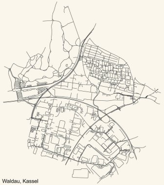 Alman bölgesel başkenti Kassel, Almanya 'nın WALDAU DISTRICT kentinin klasik bej arkaplanlı kentsel sokak haritasının ayrıntılı navigasyon siyah hatları