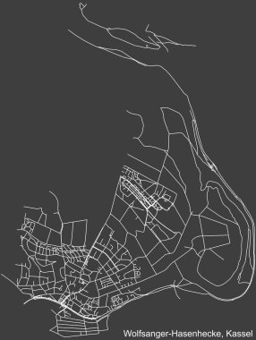 Almanya 'nın başkenti Kassel' in WOLFSANGER-HASENHECKE DISTRICT 'inin koyu gri arkaplan üzerinde yer alan şehir caddelerinin ayrıntılı haritası