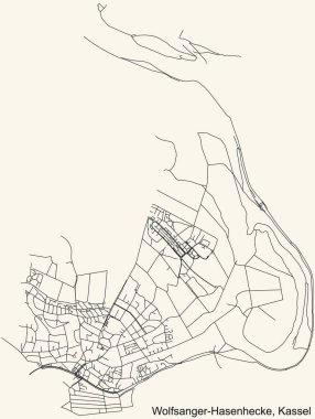 Alman bölgesel başkenti Kassel 'in WOLFSANGER-HASENHECKE DISTRICT' inin klasik bej arka plan haritası üzerinde ayrıntılı navigasyon siyah hatları
