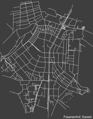 Almanya 'nın başkenti Kassel' in FASANENHOF DISTRICT 'inin koyu gri arkaplan üzerindeki şehir caddelerinin detaylı haritası