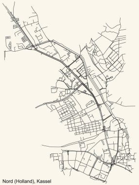 Alman bölgesel başkenti Kassel 'in NORD-HOLAND DISTRICT' sinin klasik bej arka planda yer alan şehir yolu haritasının ayrıntılı navigasyon siyah hatları