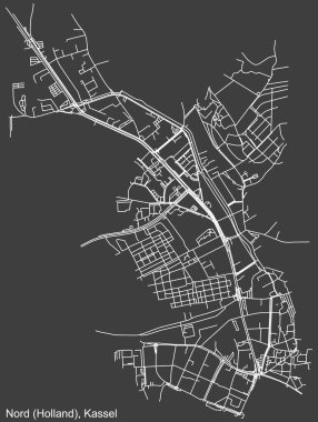 Alman bölgesel başkenti Kassel 'in NORD-HOLAND DISTRICT' sinin koyu gri arka planda yer alan şehir caddelerinin ayrıntılı haritası