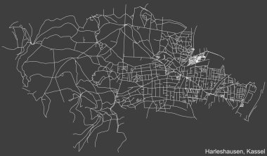 Alman bölgesel başkenti Kassel 'in HARLESHAUSEN DISTRICT' inin şehir caddeleri haritası koyu gri arka planda ayrıntılı olarak çizildi