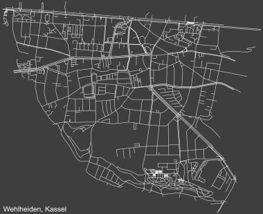 Almanya 'nın başkenti Kassel' in WEHLHEIDEN DISTRICT 'inin koyu gri arkaplan üzerinde yer alan şehir caddeleri haritası