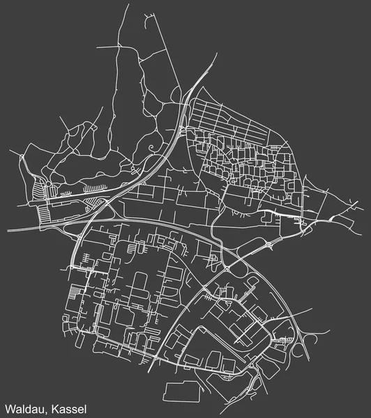 Alman bölgesel başkenti Kassel, Almanya 'nın WALDAU DISTRICT' nin şehir caddeleri haritası üzerinde koyu gri arka plan üzerinde ayrıntılı olumsuz navigasyon beyaz çizgileri