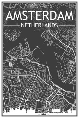 Panoramik silueti ve el çizimi sokak ağıyla kaplanmış koyu gri arka plan AMSTERDAM, NETHERLANDS