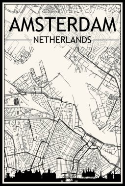 Panoramik silueti ve el çizimi sokak ağıyla birlikte açık renkli şehir afişi AMSTERDAM, NETHERLANDS şehir merkezinin klasik bej arka planı