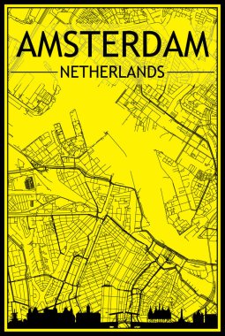 Panoramik silueti olan altın renkli şehir posteri ve AMSTERDAM, NETHERLANDS şehir merkezinin sarı ve siyah arkaplan üzerine elle çizilmiş sokak ağı