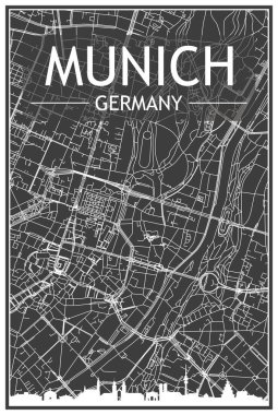 MUNICH 'in koyu gri arka planında panoramik silueti ve elle çizilmiş sokak ağıyla koyu renkli şehir afişi, GERMANY