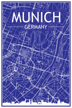 MUNICH, GERMANY merkezinin mavi arka planında panoramik silueti ve el çizimi sokak ağı olan şehir posterinin teknik çıktısını alın.