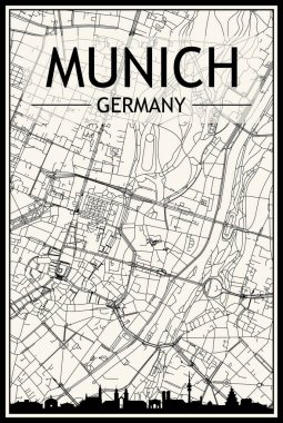 MUNICH, GERMANY şehir merkezinin klasik bej arka planında panoramik silueti ve elle çizilmiş sokak ağına sahip açık renkli şehir posteri