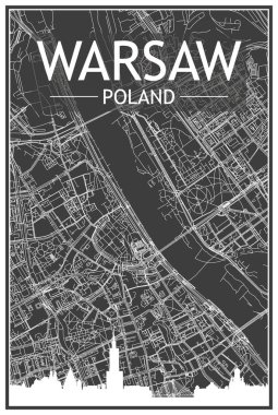 Karanlık çıktılı şehir posteri panoramik siluet çizgisi ve el çizimi sokak ağı ile şehir merkezinin koyu gri arka planında WARA, POLAND