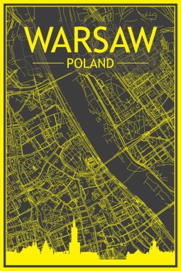 Sarı çıktılı şehir posteri panoramik silueti ve el çizimi sokak ağı ile şehir merkezinin koyu gri arka planında WARO, POLAND