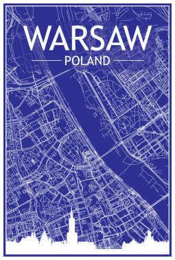 WARO, POLAND şehir merkezinin mavi arka planında panoramik silueti ve elle çizilmiş sokak ağıyla teknik şehir afişi.