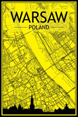 Sarı ve siyah arka planlı panoramik silueti ve el çizimi sokak ağıyla altın renkli şehir afişi WARO, POLAND