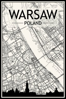 Açık renkli şehir posteri, panoramik siluet çizgisi ve el çizimi sokak ağı ile WARO, POLAND şehir merkezinin klasik bej arka planında