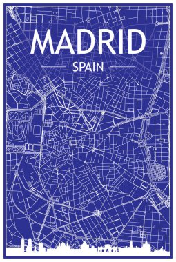 MADRID şehir merkezinin mavi arka planında panoramik silueti ve elle çizilmiş sokak ağı olan şehir posterinin teknik çıktısı, SPAIN