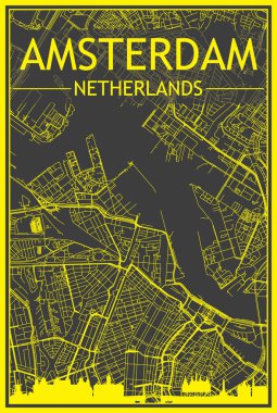 Panoramik silueti olan sarı renkli şehir posteri ve AMSTERDAM, NETHERLANDS şehir merkezinin koyu gri arka planında elle çizilmiş sokak ağı