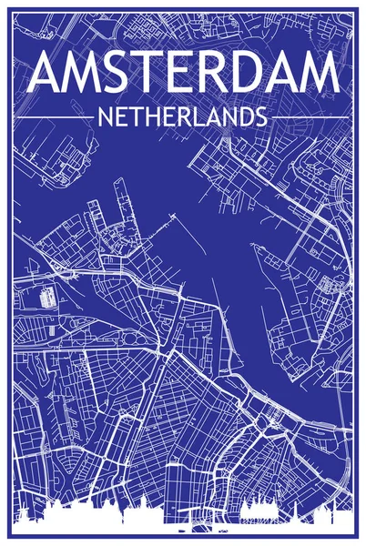 AMSTERDAM, NETHERLANDS şehir merkezinin mavi arka planında panoramik siluet ve el çizimi sokak ağı ile teknik şehir afişi