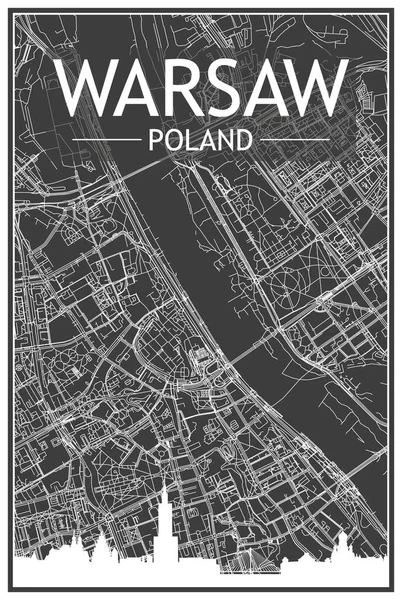 Karanlık çıktılı şehir posteri panoramik siluet çizgisi ve el çizimi sokak ağı ile şehir merkezinin koyu gri arka planında WARA, POLAND