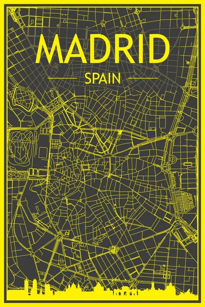 Madrid 의어두운 배경에 파노라마 모양의 스카이라인 손으로 네트워크가 노란색 포스터 — 스톡 벡터