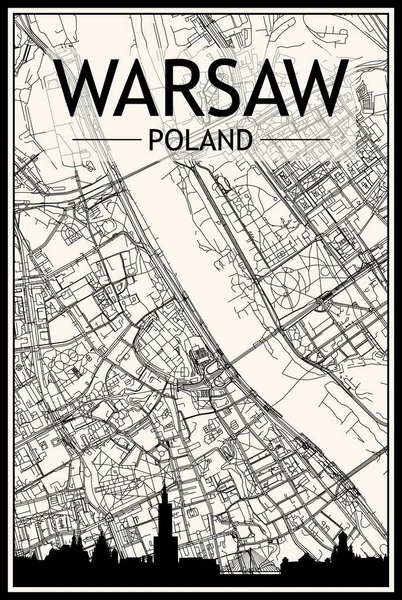 Açık renkli şehir posteri, panoramik siluet çizgisi ve el çizimi sokak ağı ile WARO, POLAND şehir merkezinin klasik bej arka planında