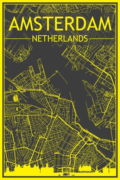 Желтый Распечатка Городского Плаката Панорамным Горизонтом Ручной Сети Улиц Темно — стоковый вектор