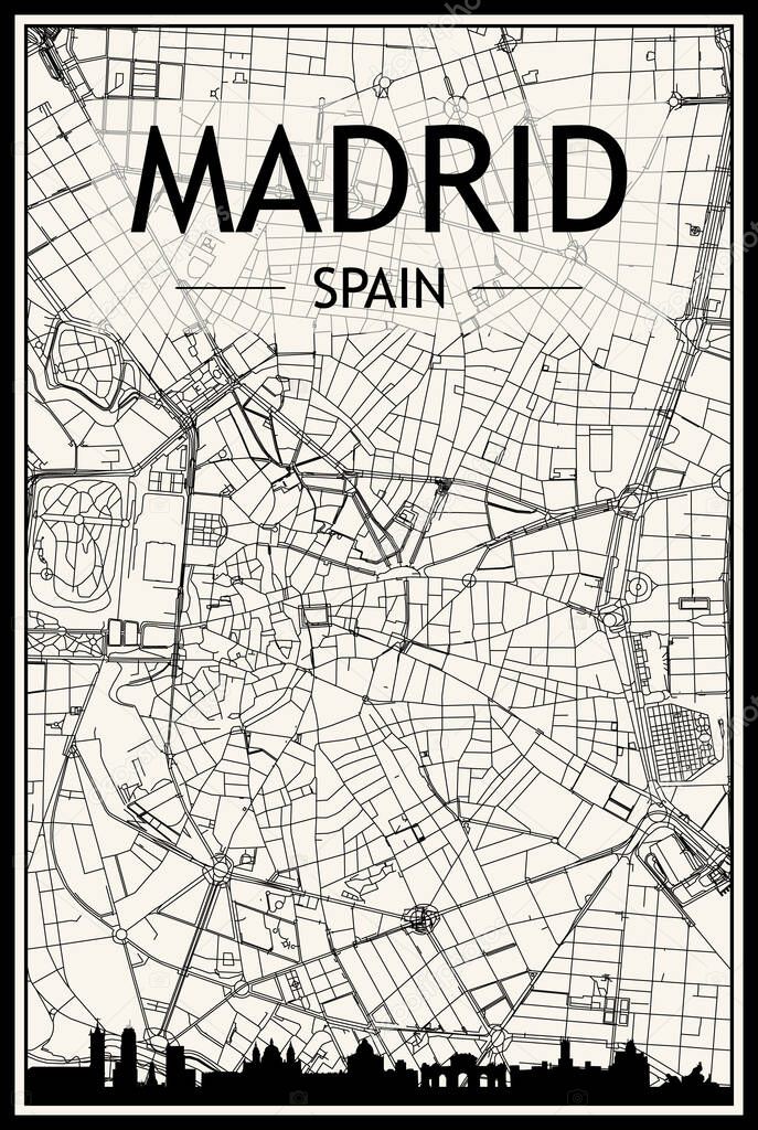 Light printout city poster with panoramic skyline and hand-drawn streets network on vintage beige background of the downtown MADRID, SPAIN