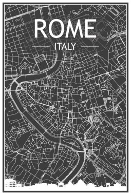 Karanlık baskı şehir posteri panoramik silueti ve elde çizilmiş sokak ağıyla şehir merkezindeki ROME 'un koyu gri arka planında, İtalya