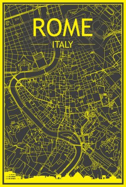 Sarı baskı şehir posteri panoramik silueti ve el çizimi sokak ağı ile şehir merkezindeki ROME 'un koyu gri arka planı, ITALY