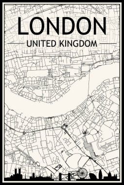 Panoramik silueti ve el çizimi sokak ağıyla birlikte Londra şehir merkezinin klasik bej arka planı UNITED KINGDOM