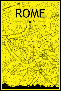 Panoramik silueti olan altın renkli şehir posteri ve şehir merkezindeki ROME 'un sarı ve siyah arka planında elle çizilmiş sokak ağı, İtalya