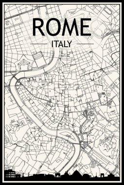 Panoramik silueti ve klasik bej arka planda elle çizilmiş sokak ağıyla şehir merkezi ROME, ITALY