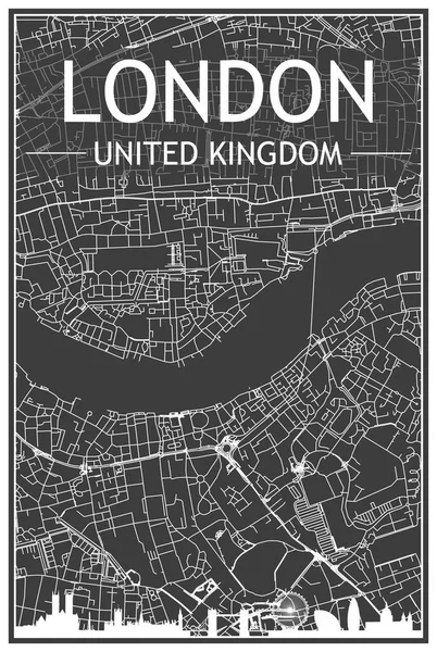 Tmavý Tištěný Plakát Města Panoramatickým Panoramatickým Panoramatem Ručně Kreslenými Ulicemi — Stockový vektor