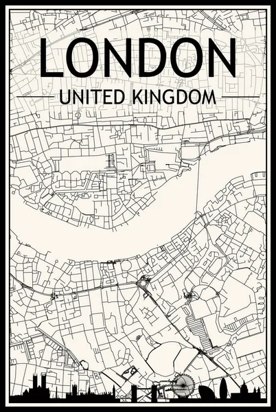 在英国伦敦市中心的旧式米色背景上 用全景天际线和手绘街道网络制作的城市轻型海报 — 图库矢量图片