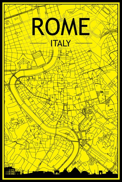 Panoramik silueti olan altın renkli şehir posteri ve şehir merkezindeki ROME 'un sarı ve siyah arka planında elle çizilmiş sokak ağı, İtalya