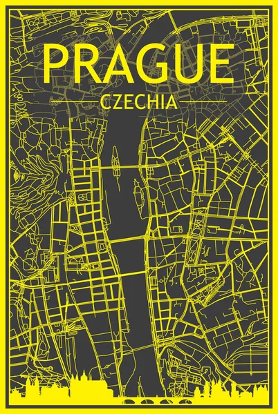 Sárga Nyomtatott Városi Plakát Panorámás Városképpel Kézzel Rajzolt Utcai Hálózattal — Stock Vector