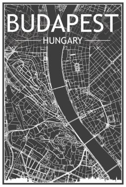 Koyu renkli şehir afişi panoramik silueti ve el çizimi sokak ağı ile şehir merkezindeki BUDAPEST, HUNGARY 'ın koyu gri arka planında