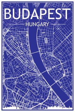 BÜDAPEST, HUNGARY merkezinin mavi arka planında panoramik silueti ve elle çizilmiş sokak ağıyla teknik şehir afişi.